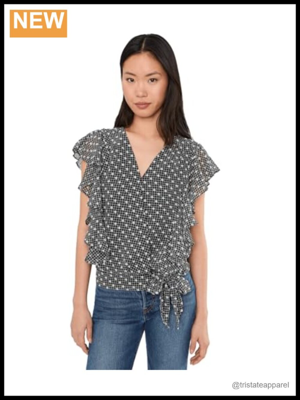 Short Ruffle Sleeve Draped Front Woven Blouse